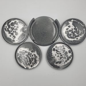 Medium grey resin drink coasters with holder in silver patern finish top photo