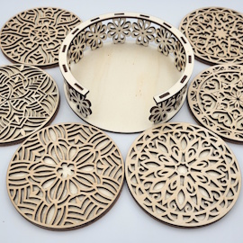 Set of 6 wooden coasters with holder